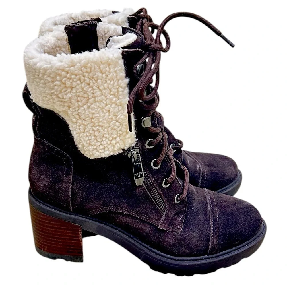 Marc Fisher Lansly Dark Brown suede lace up combat  Boots lug sole size 6.5
